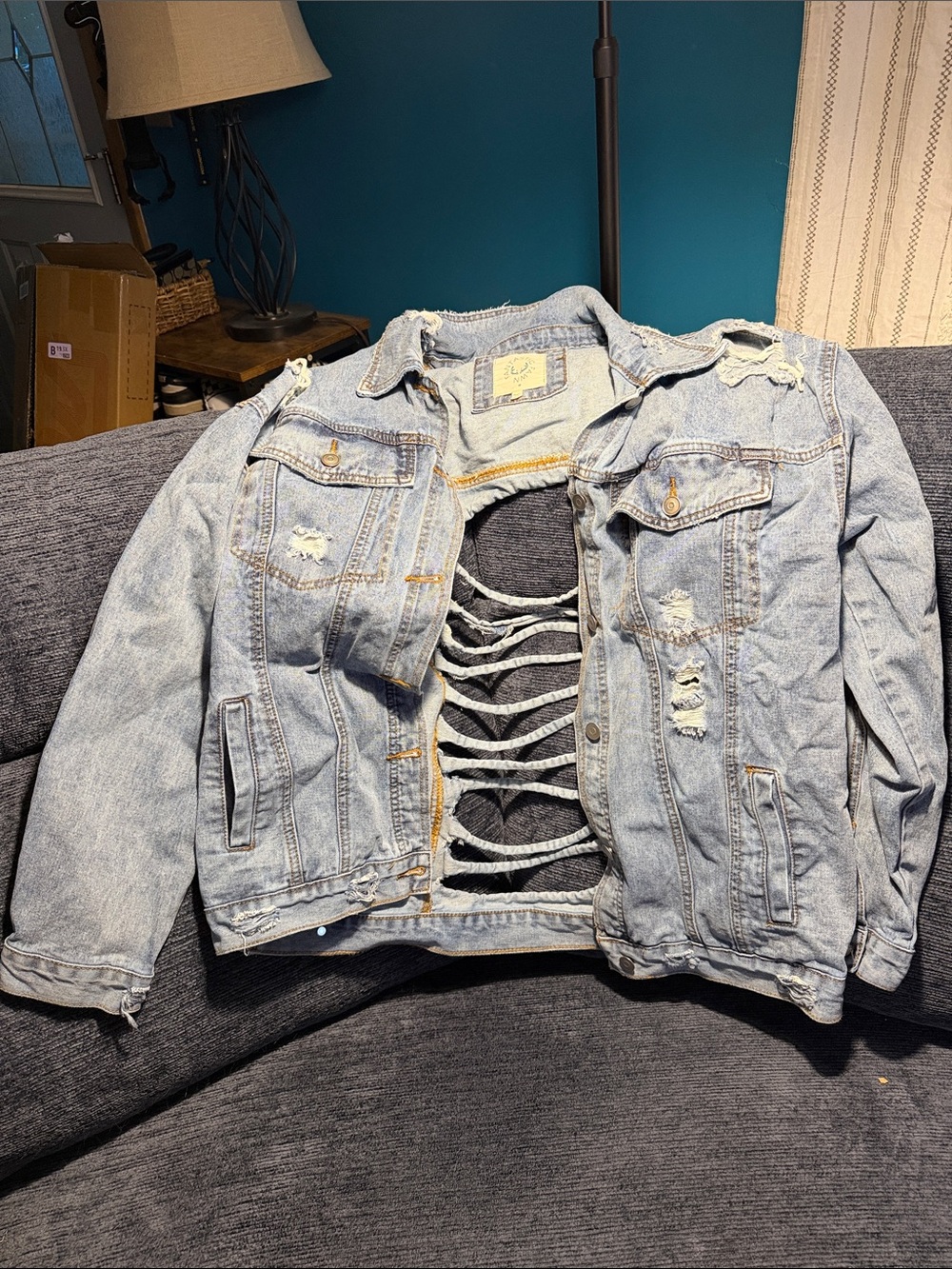 Fantastic Fawn Light Blue Distressed Jean Jacket with Back Cutout